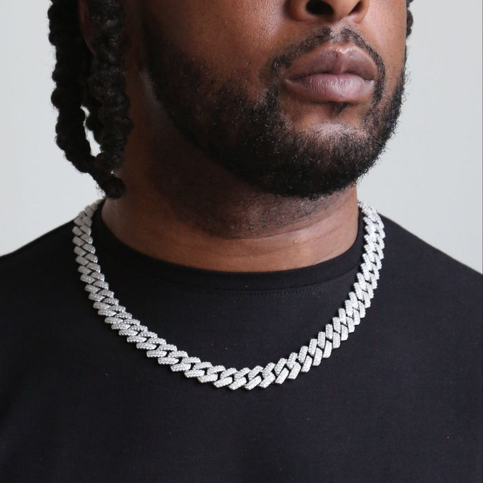 zerno Iced Prong Cuban Link Chain in White Gold - 12mm